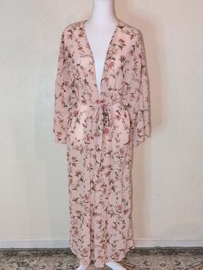 Forever 21 Blush Floral Maxi Kimono Robe with Tie Size L